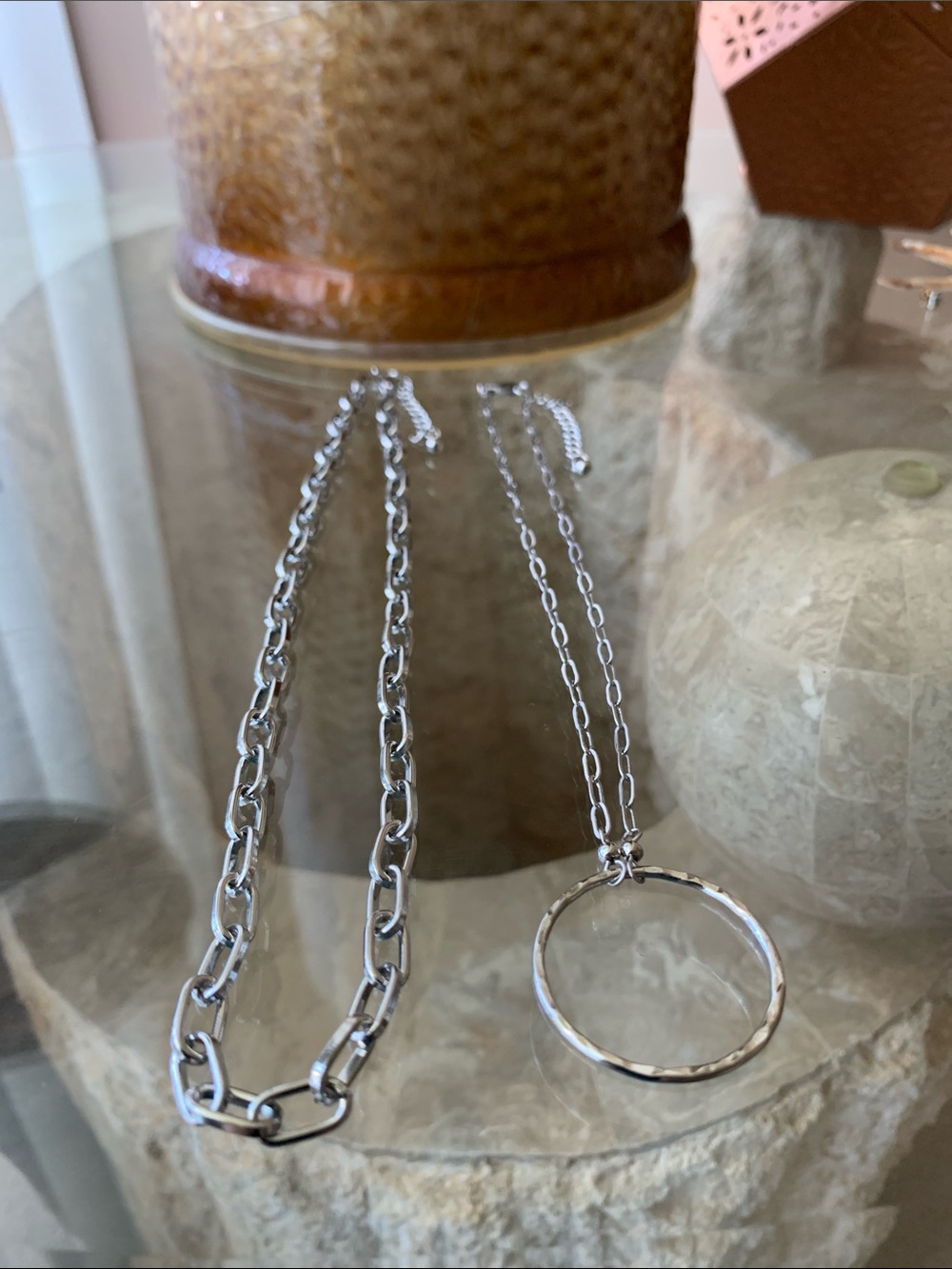 Two Silver Layered Circle Pendant Necklaces